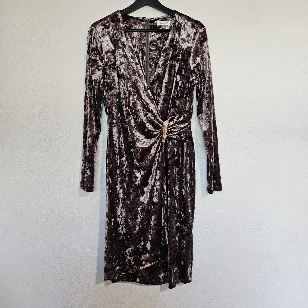Calvin Klein Size 12 Taupe Brown Crushed Velvet Long Sleeve Faux Wrap Sheath...